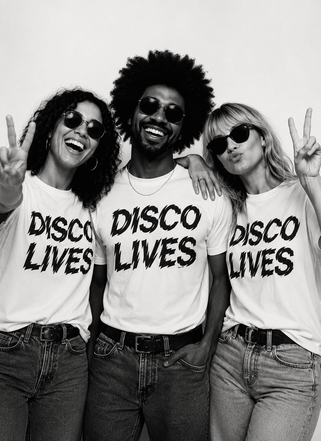 Three people wearing 'DISCO LIVES' T-shirts, symbolising International Disco Day's mission to transform the legacy of Disco Demolition Night into a global celebration of inclusion, culture, and community.