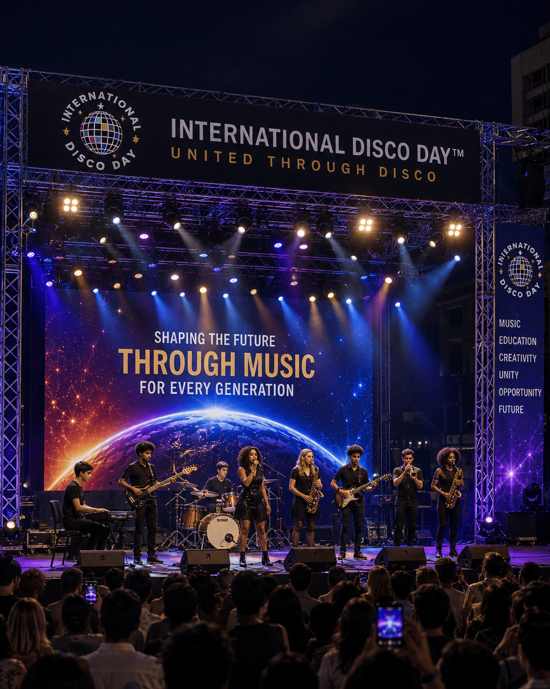 Young musicians from diverse backgrounds performing together on an International Disco Day™ stage, representing a future where music connects cultures, inspires creativity, and unites generations worldwide.