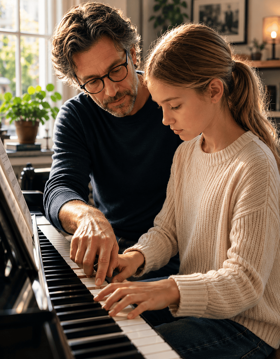 A music teacher guiding a young student during a piano lesson, reflecting International Disco Day™'s mission to promote music education, creativity, and cultural connection across generations.